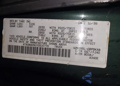 2000 Toyota Tacoma Prerunner V6 z USA, uszkodzony, nr VIN 4TASN92N1YZ616770